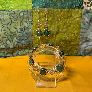 Hand Crafted Multi Green Color Gold Earrings with matching Bracelet